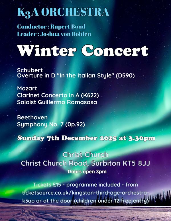 Winter Concert. Schubert Overture in D "in the Italian Style", Mozart Clarinet Concerto, Beethoven Symphony 7.